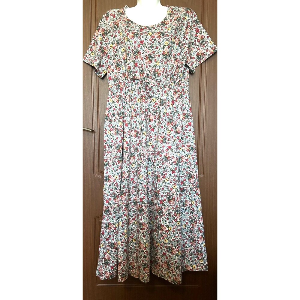 Womens XL White Floral Print Cotton Long House Dress Short Sleeve Casual Dress